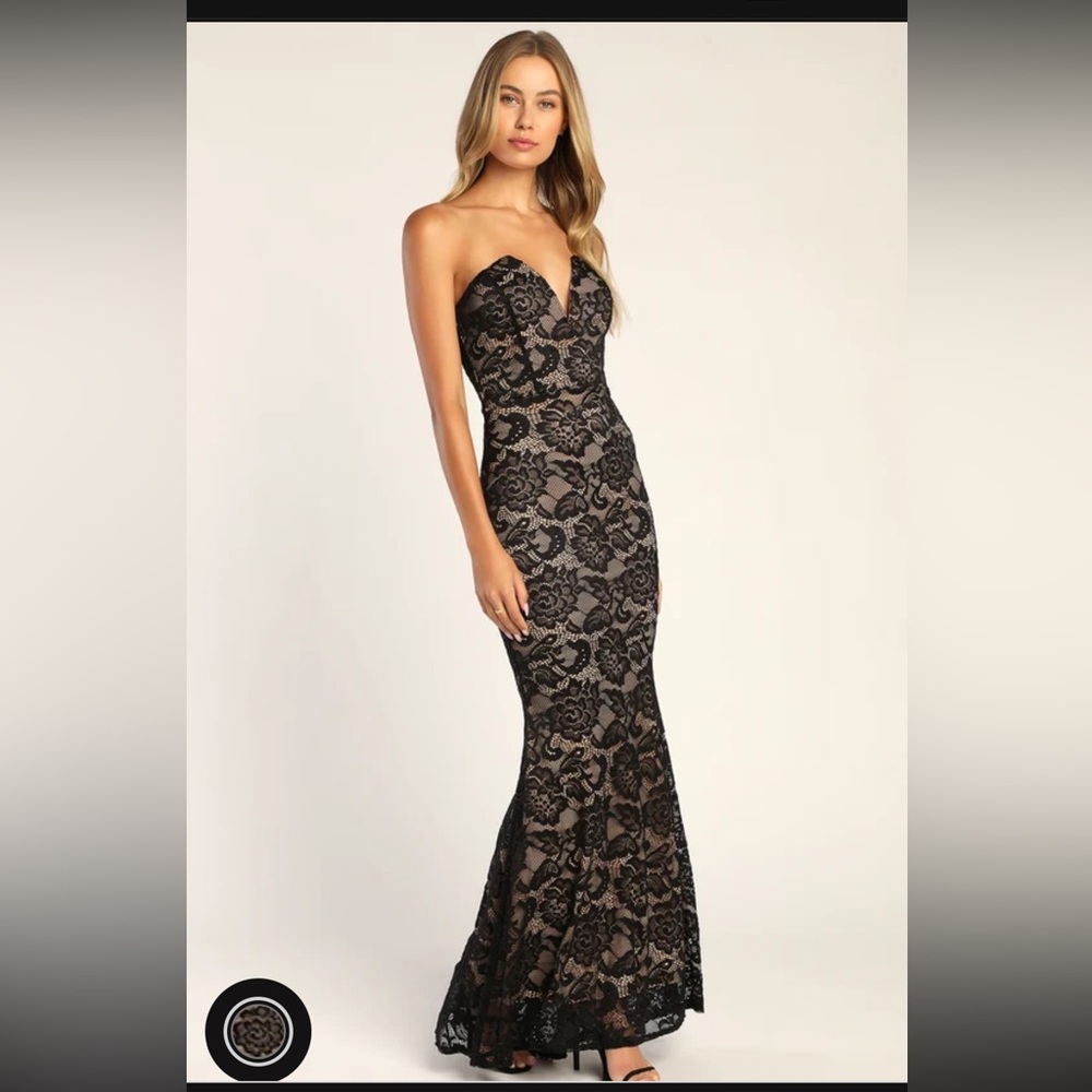 Lulu’s Sexy Sophistication Black Lace Strapless Trumpet Maxi Dress
